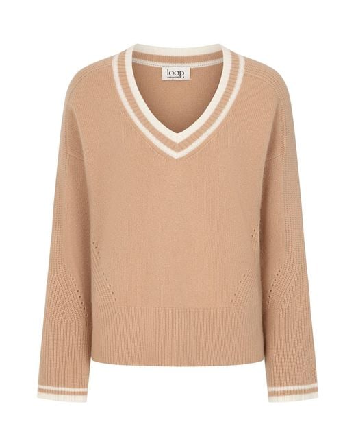 Loop Cashmere Natural Neutrals Striped Tipped V Neck Lofty Sweater