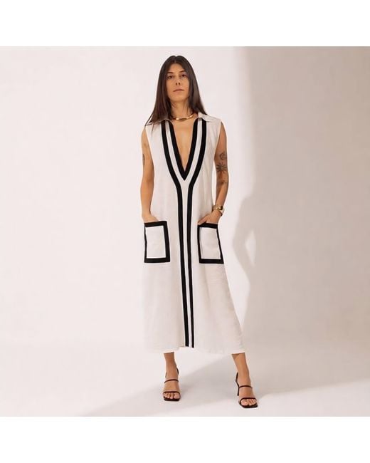 Zasta Studio White Linen Contrast Trim Maxi Dress