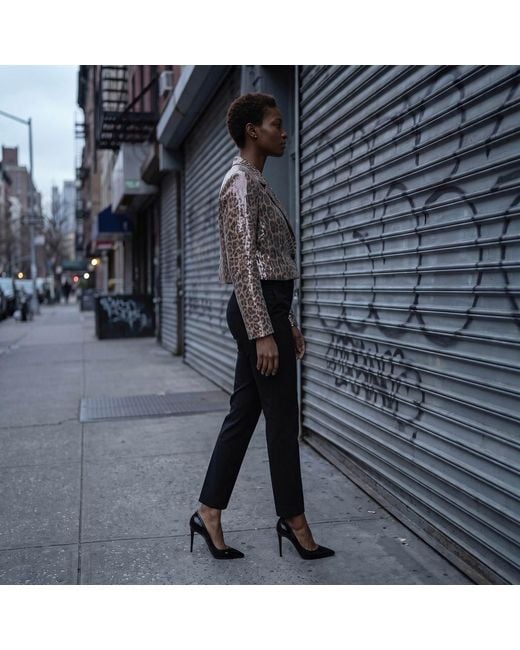 Modenaire Brown Cropped Leopard Print Sequin Blazer With Single Button Closure