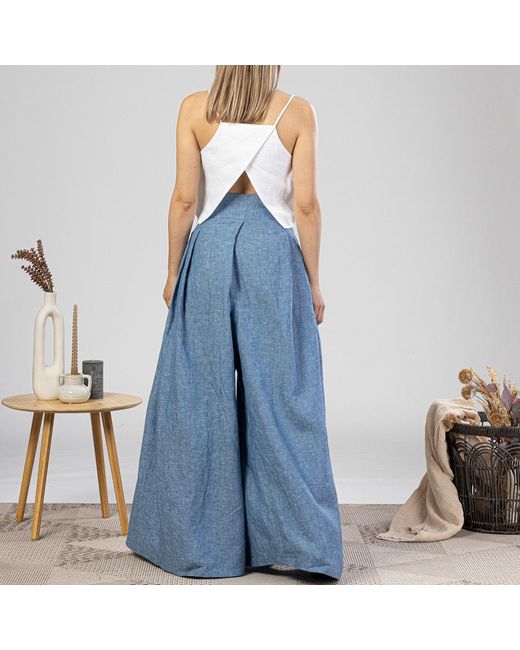 Nikka Place Blue Wide Leg Baggy Linen Pants With High Waist And Front Tie