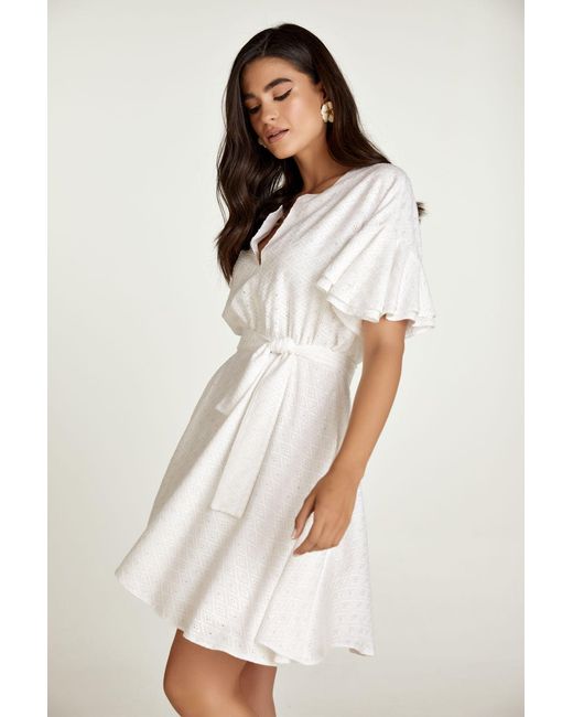 Conquista White Embroidered Dress With Ruffle Sleeves