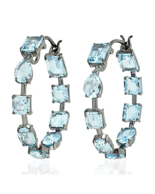 Artisan Solid Gold Blue Topaz Hoop Earrings Gemstone Jewelry