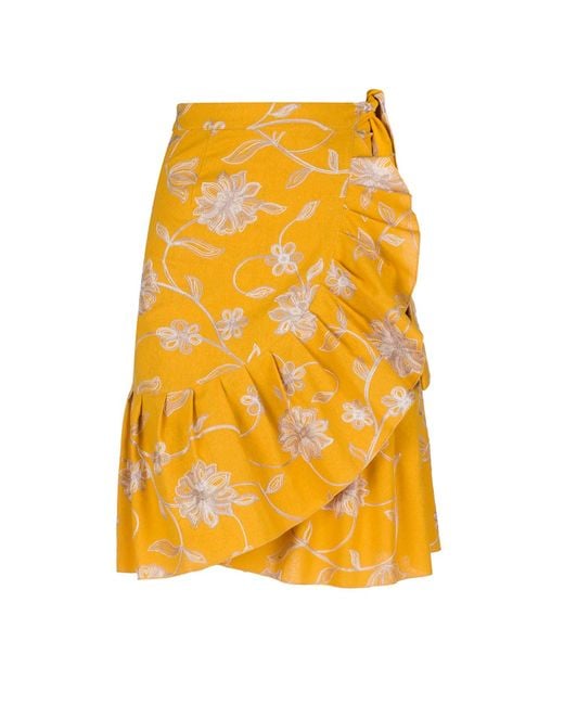 Conquista Yellow Mustard Embroidered Floral Wrap Ruffle Skirt