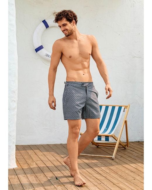 Vayla Gray Long Length Dark Geometric Print Swim Shorts for men