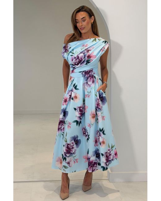 Girl In Mind Blue Betty Asymmetric Neckline Skater Midi Dress Print