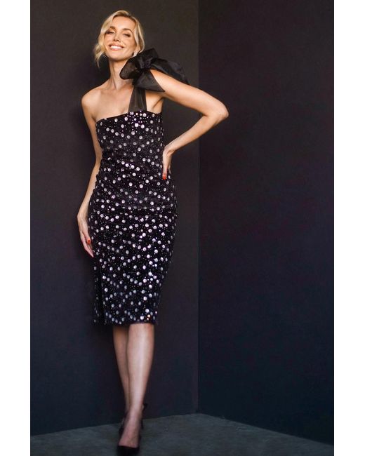 Zetaye Black Lydia Sequin One Shoulder Bow Dress