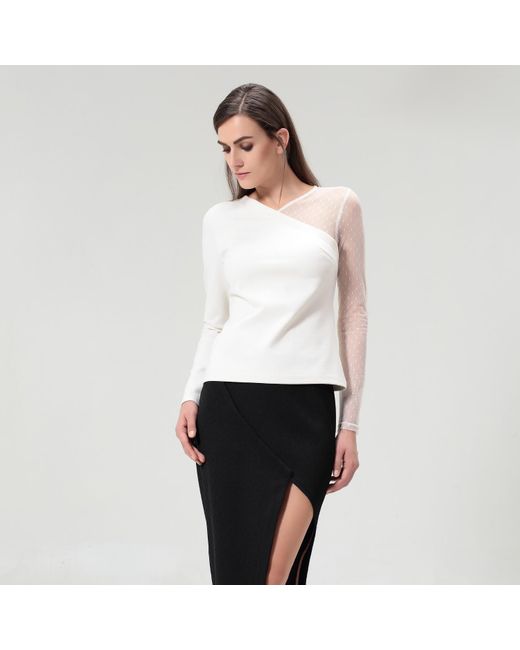 Smart and Joy White Asymmetric Milano And Tulle Top