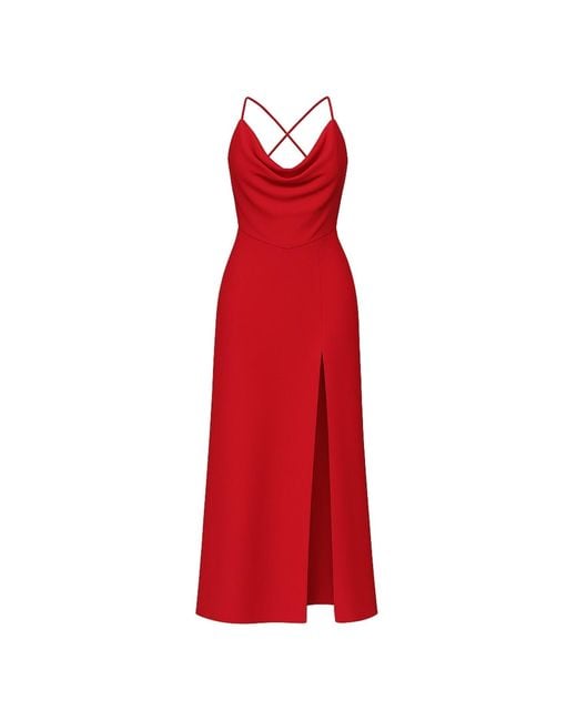 Nomi Fame Red Aphrodite Draped Cowl Neck Evening Gown With Slit And Crossed Straps