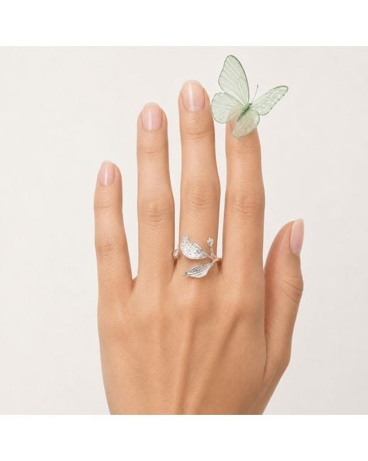Ormiro White Wind Leaf Sterling Ring & Earrings Jewelry Set
