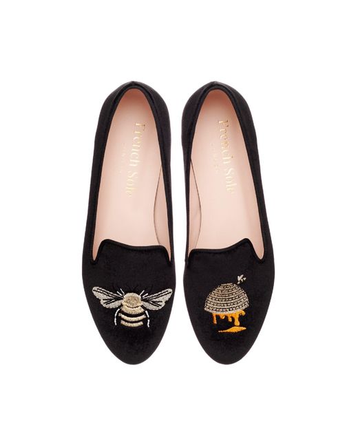 French Sole Black Hefner Velvet Gold Bee & Hive Embroidery