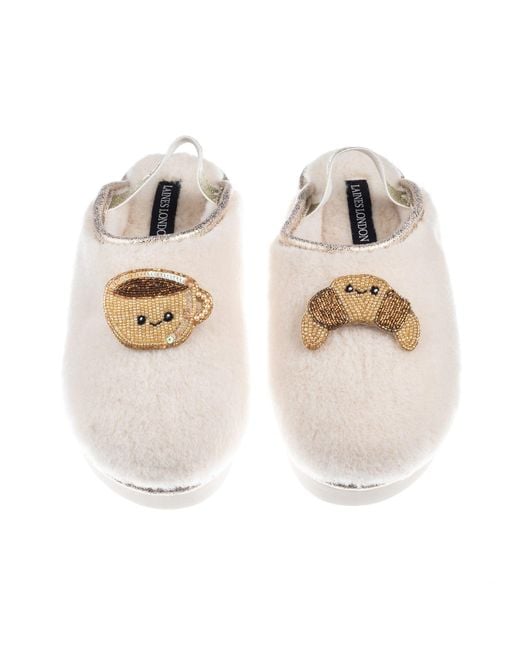 Laines London White Neutrals Flatform Cloud Closed Toe Slippers With Laines Lovables Coffee & Croissant Brooches