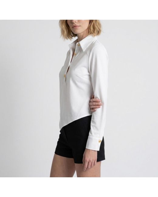 Modenaire White Collared Button Front Blouse With Asymmetrical Hem Detail