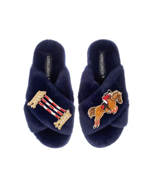 Laines London Blue Classic Laines Slippers With Show Jump Horse Brooches