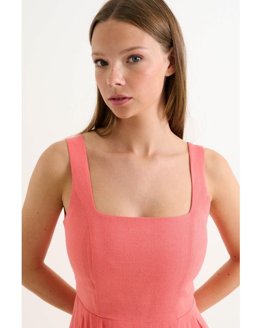 Louche Pink Baya Linen Mix Square Neck Midi Dress