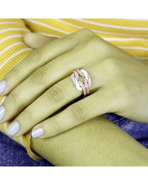 Artisan Pink 18k Solid Rose Gold With Pave Diamond & Enamel Designer Ring