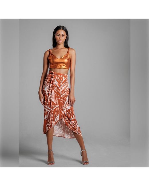 Imaatu Orange Drape Palms Rust Asymmetrical Sustainable Viscose Wrap Midi One Size Skirt Tropical Print
