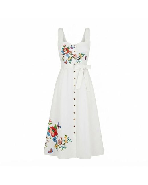 Yumi' White Cotton Midi Dress With Embroidery