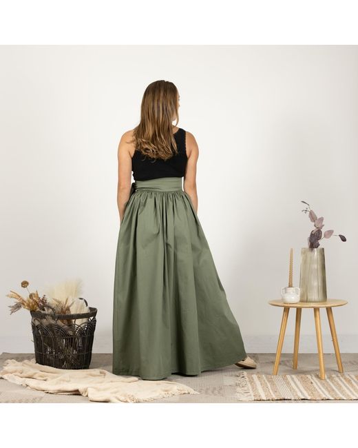 Nikka Place Green High Waist Cotton Gathered Skirt With Front Bow & Pockets
