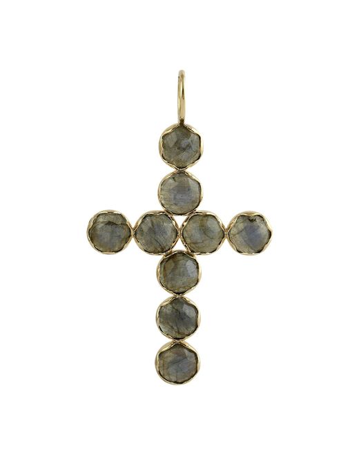 Artisan Green Labradorite Bezel Set Gemstone In 14k Yellow Cross Religious Pendant