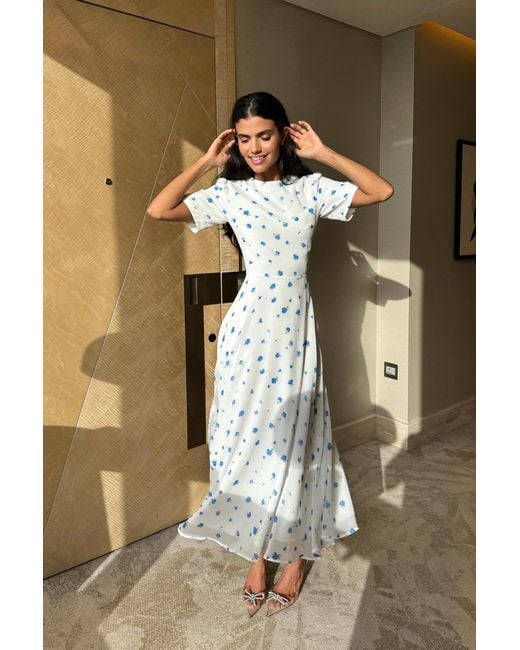 POST MERIDIEM White Printed Short Sleeve Floral Midi Dress