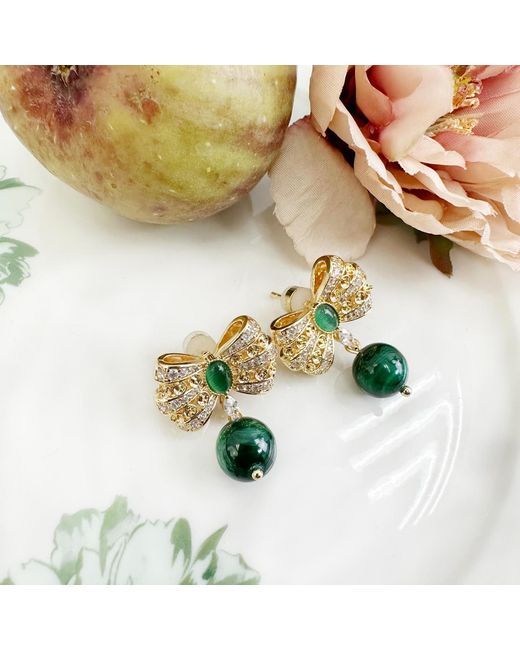 Farra Green Butterfly Bow With Malachite Dangle Earrings