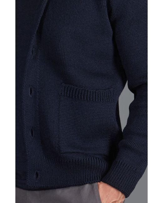 Paul James Knitwear Blue Chunky Merino Wool Marello Shawl Collar Cardigan for men