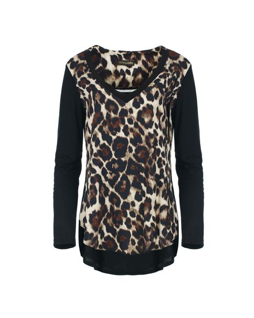 Conquista Black Chic Animal Print Top With Jersey Back