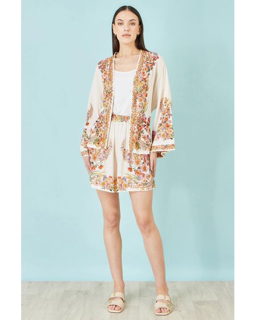 Yumi' Metallic Neutrals Ivory Viscose Floral Border Kimono With Tie Belt