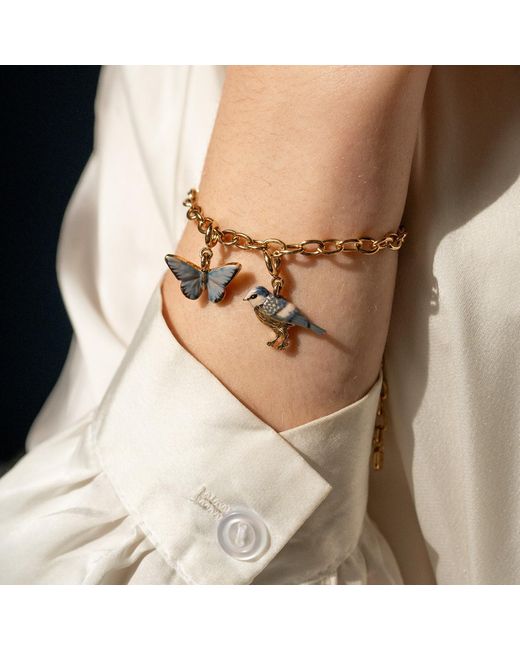 Fable England Metallic Fable Cable Chain Bracelet, Enamel Blue Tit Charm, Enamel Blue Butterfly Charm