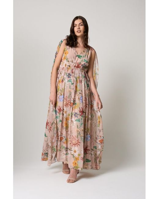Frock and Frill Multicolor Neutrals Melia Floral Print Cape Sleeve Maxi Dress