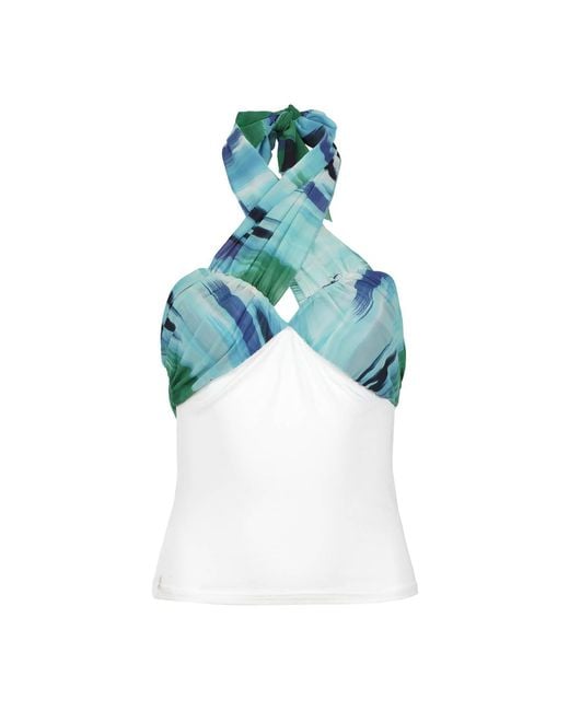 Conquista Blue Printed Voile Cross-Strap Viscose Fitted Top