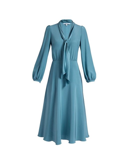Santorelli Blue Jenn Long Sleeve Silk Midi Tie-Neck Dress