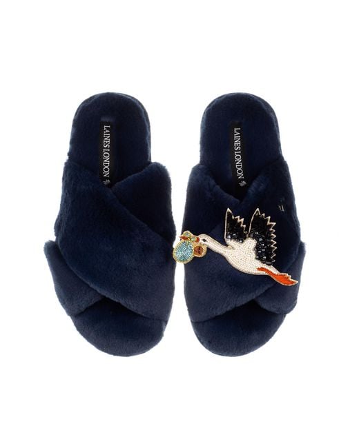 Laines London Blue Classic Laines Slippers With Baby Boy Stork Brooch