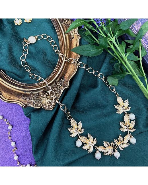 Farra Metallic Maple Leaves With Freshwater Pearls Pendant Statement Necklace