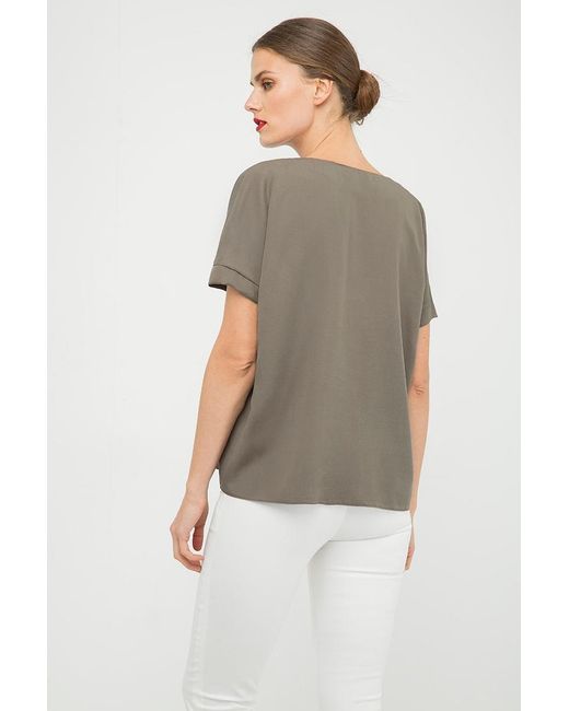 Conquista Green Khaki V Neck Top With Metallic Motif