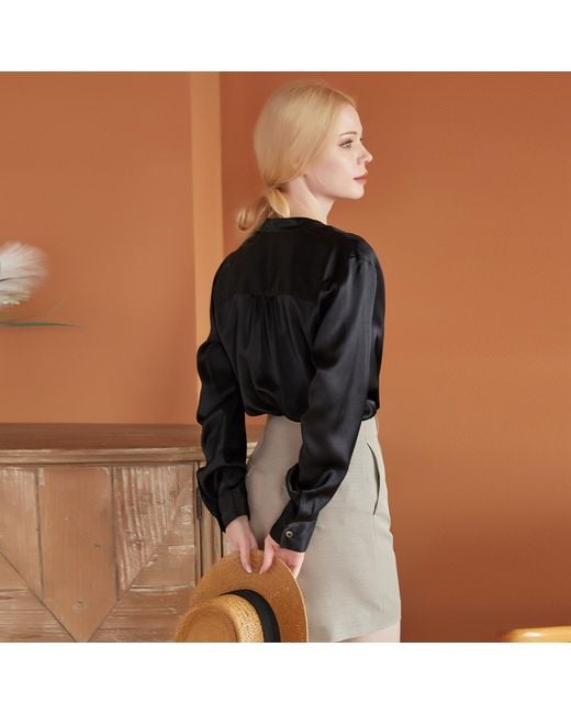 Soft Strokes Silk Black Pure Silk Long Sleeve Y-Neck Blouse