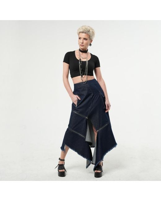 Metamorph Blue Asymmetric Dark Denim Skirt With Zippers