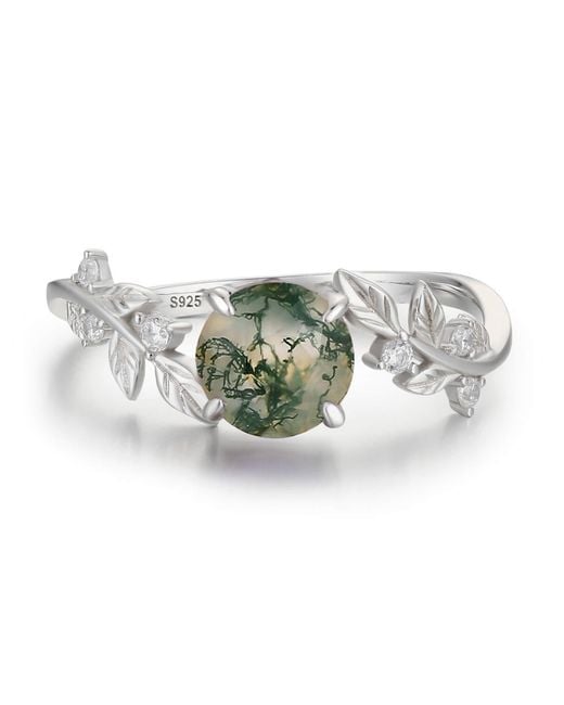 Azura Jewelry New York White Between The Leaf Round Moss Agate Ring Vermeil