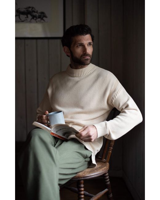 Paul James Knitwear Natural Neutrals Midweight Cotton Linen Sark Mock Neck Gansey Jumper for men