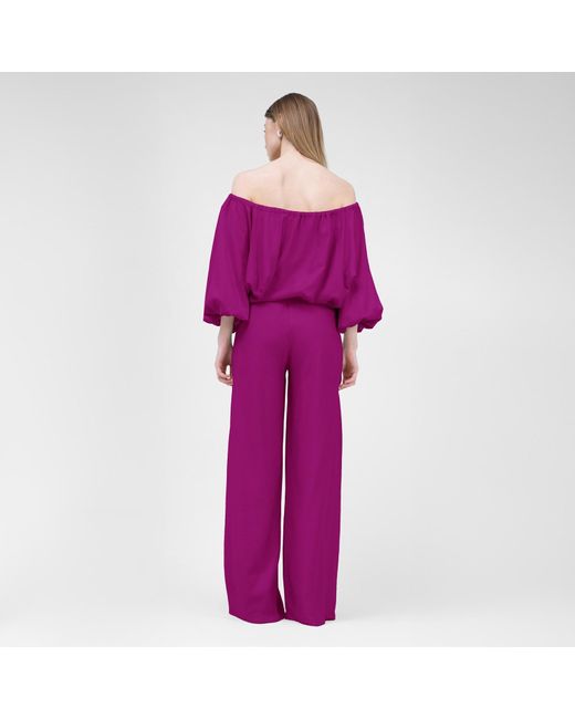BLUZAT Purple Fuchsia Linen Matching Set With Flowy Blouse And Wide Leg Trousers