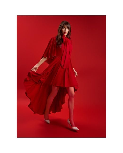 Femponiq Red Bow Tie Neck Cape Sleeve Maxi Dress