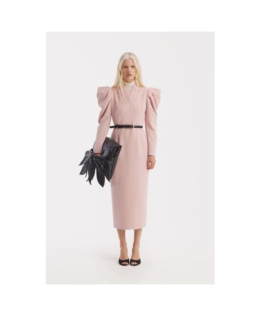 Julia Allert Pink Crepe Midi Dress With Statement Sleeves – Pale