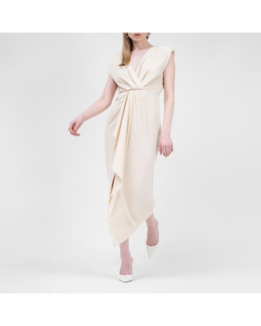 BLUZAT Natural Neutrals Ivory Midi Dress With Draping And Pleats