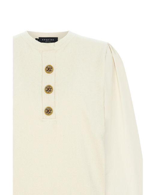 Exquise White Neutrals Regular Elastic Cuffs Crew Neck Cotton Knit Amity Blouse