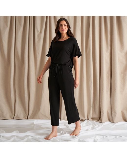 Pretty You London Black Bamboo Frill Tee Trouser Set