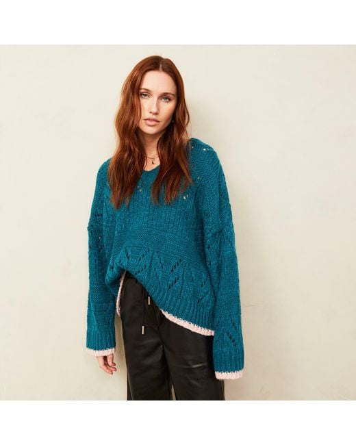 Cara & The Sky Blue Zoe Pointelle V Neck Wide Sleeve Jumper
