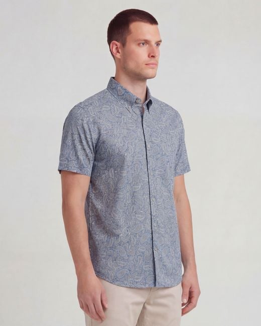 Lords of Harlech Blue Neutrals Tim Paisley Pile Natural Printed Button Up Shirt for men