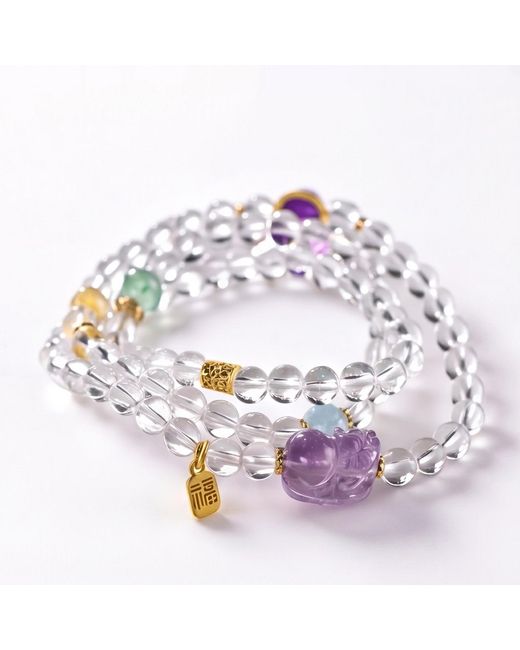 Ormiro Pink Pixiu Clear Quartz, Amethyst & Aquamarine Wrap Bracelet