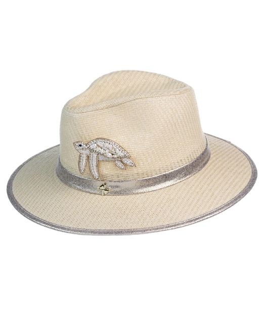 Laines London Natural Straw Woven Hat With Pearl Beaded Turtle