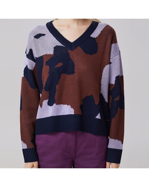 Smart and Joy Blue V-Neckline Abstract Pattern Jumper
